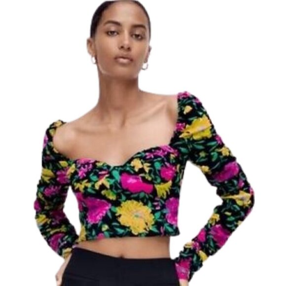 NWOT ZARA Floral ruched corset sweetheart long sleeves crop top - Picture 1 of 11